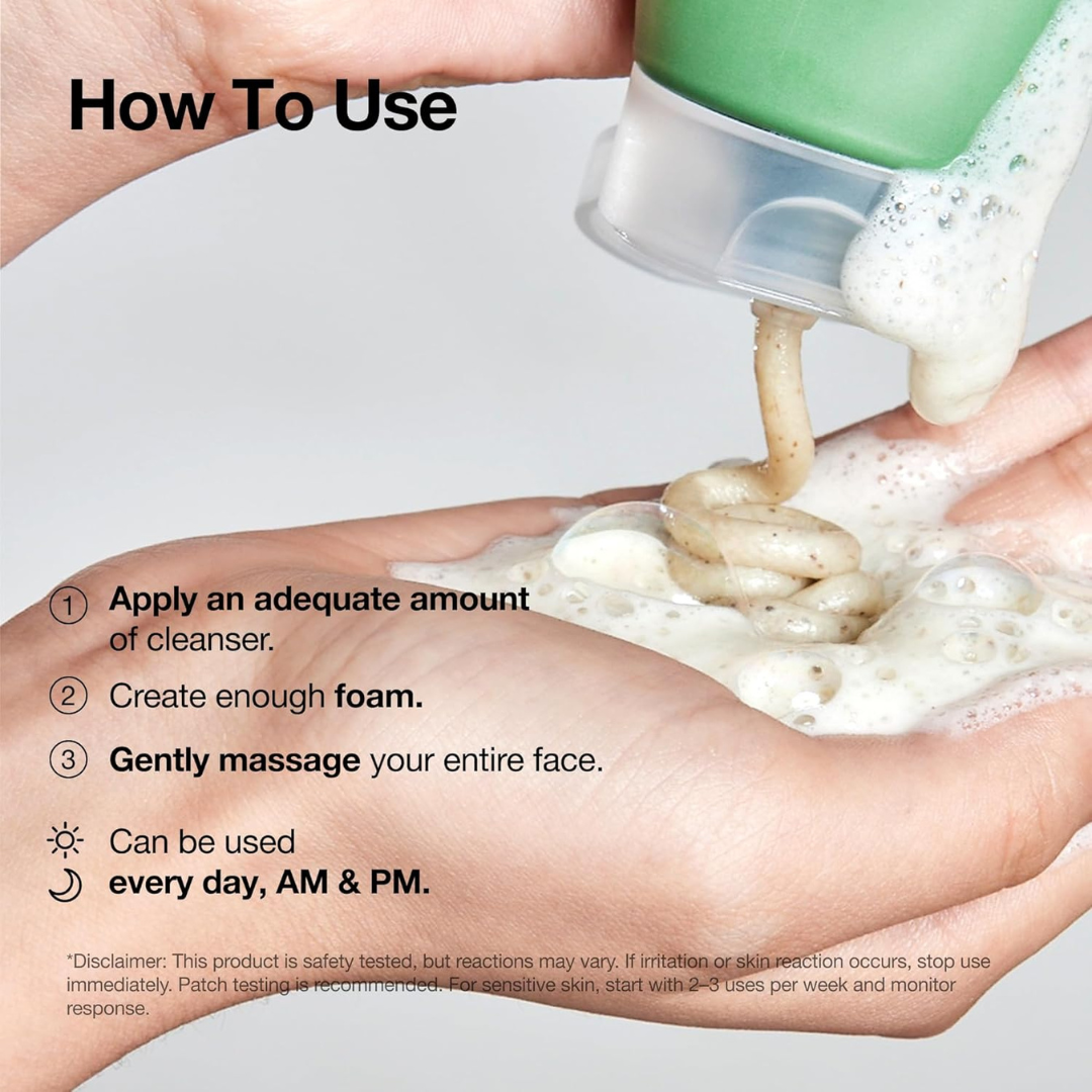 Hand using Anua Heartleaf Quercetinol Pore Deep Cleansing Foam tube to apply foam cleanser with text on how to use it.