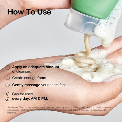 Hand using Anua Heartleaf Quercetinol Pore Deep Cleansing Foam tube to apply foam cleanser with text on how to use it.