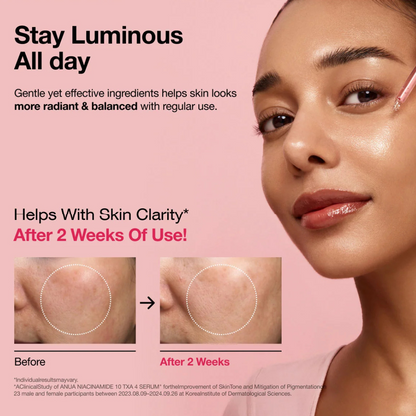 Anua Niacinamide 10% + TXA 4% Serum, Before and After reduction in pigmentation and increase of skin clarity after 2 weeks of use