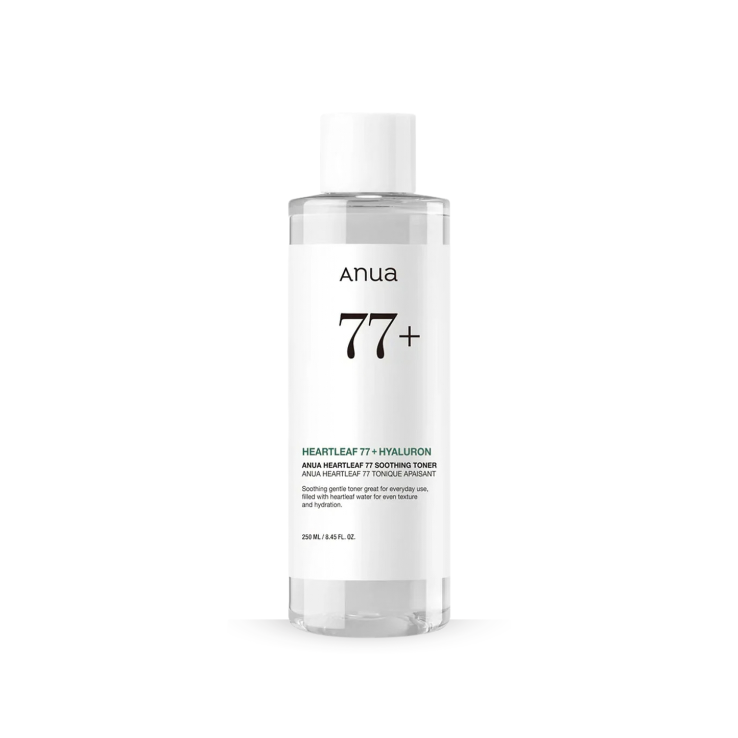 Clear bottle of Anua Heartleaf 77% Soothing Toner with white label on a white background