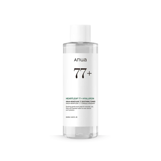 Clear bottle of Anua Heartleaf 77% Soothing Toner with white label on a white background