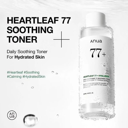 Anua Heartleaf 77+ Soothing Toner bottle on a white background with text "Daily Soothing Toner For Hydrated Skin".