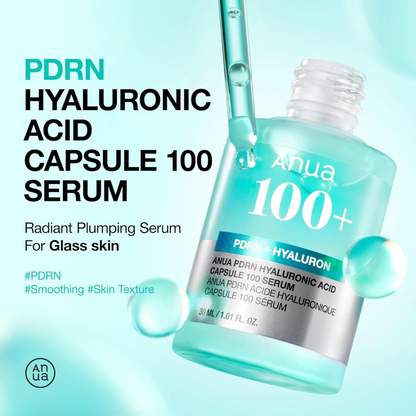 Anua PDRN Hyaluronic Acid Capsule 100 Serum bottle with text on a light blue background