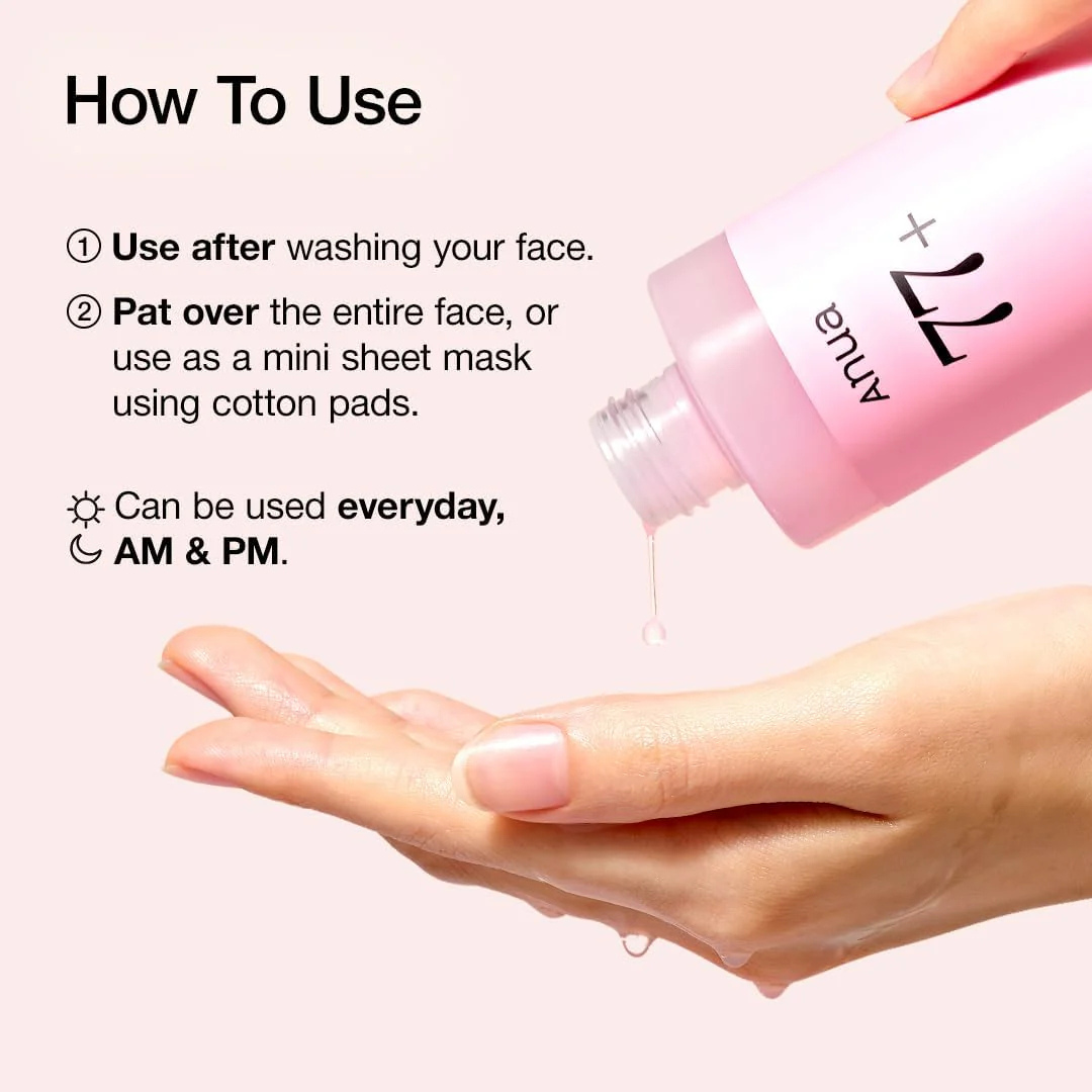 Anua Peach 77+ Niacin Essence Toner being applied to a hand with usage instructions.