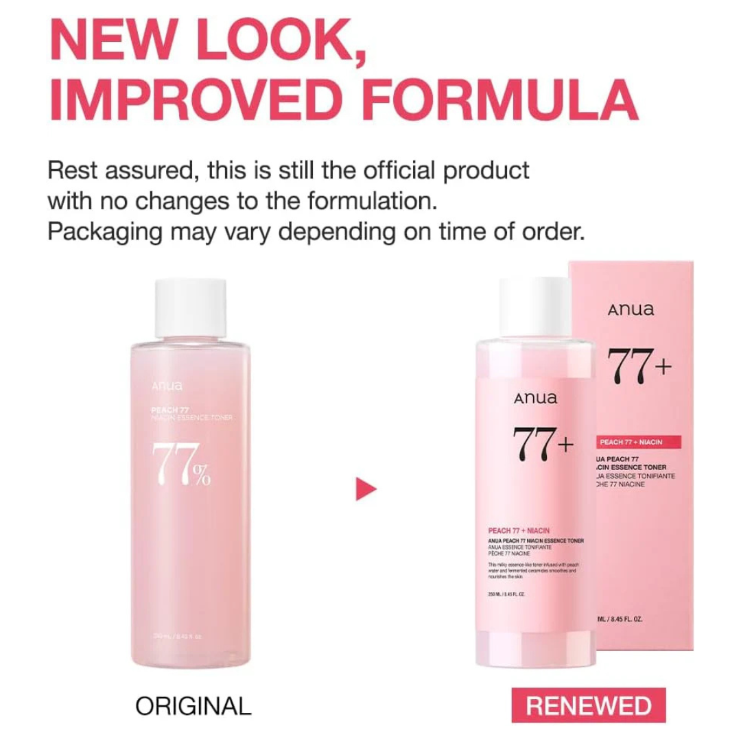 Anua skincareAnua Peach 77+ Niacin Essence Toner with 'New Look, Improved Formula' text on a white background