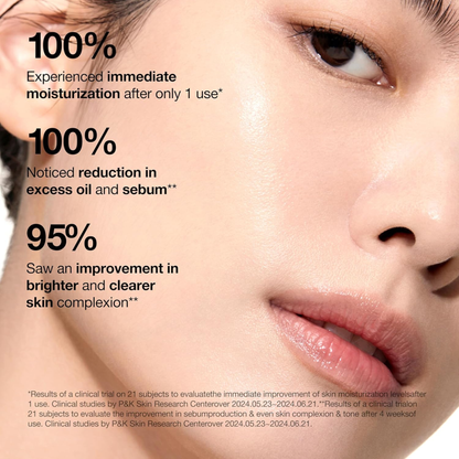 Close-up of a woman's face with text highlighting skincare results of clinical studies after the use of Anua Rice 70 Glow Milky Toner