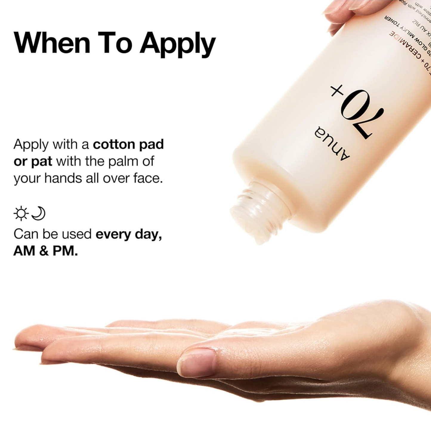 Anua Rice 70 Glow Milky Toner being dispensed onto a hand with text on how to use it.