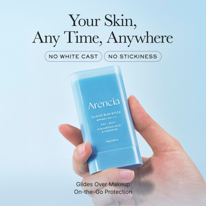 Hand holding a Arencia Cloud Sun Stick  with text on features on a light blue background