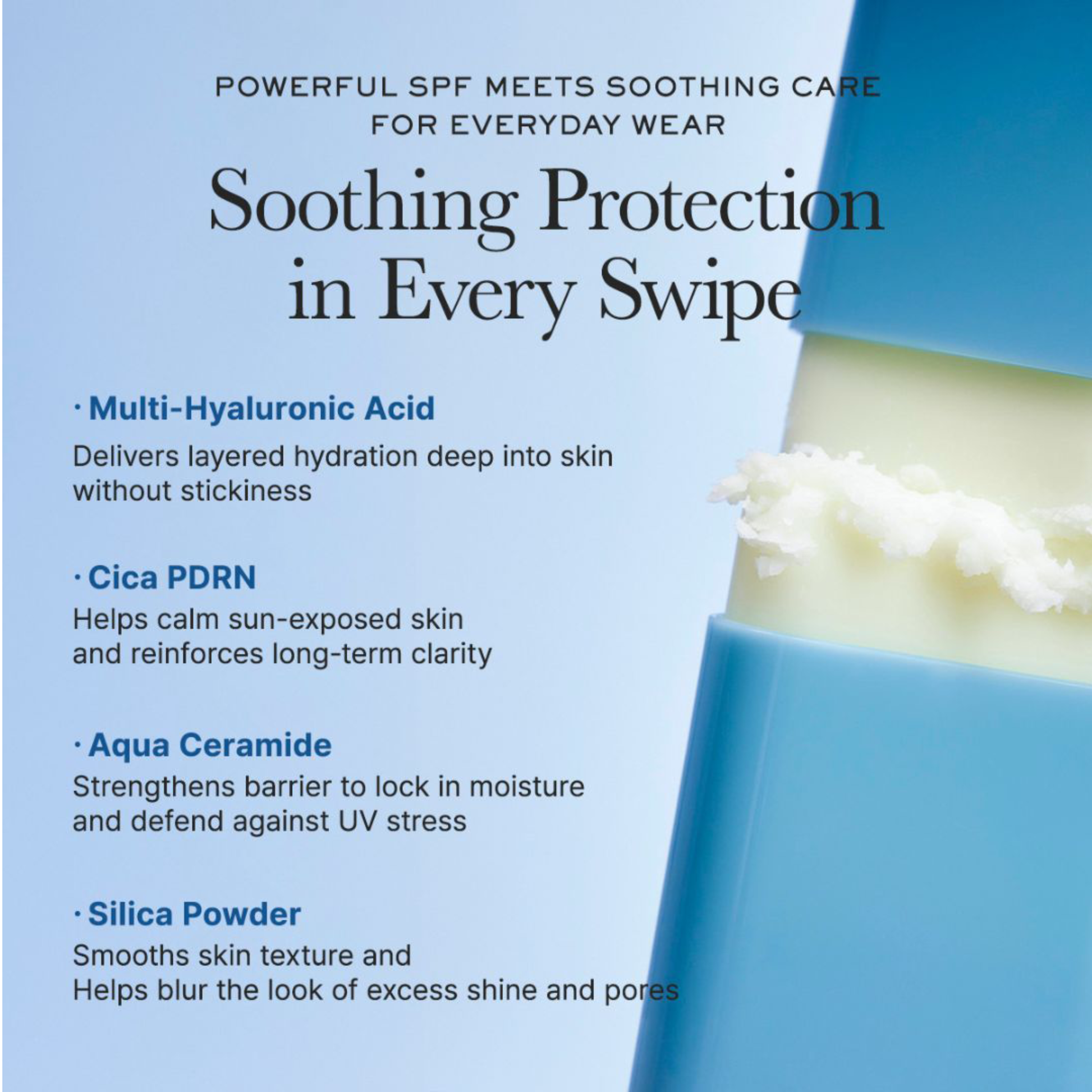 Close up of Arencia Cloud Sun Stick  with text about soothing protection and key ingredients on a light blue background