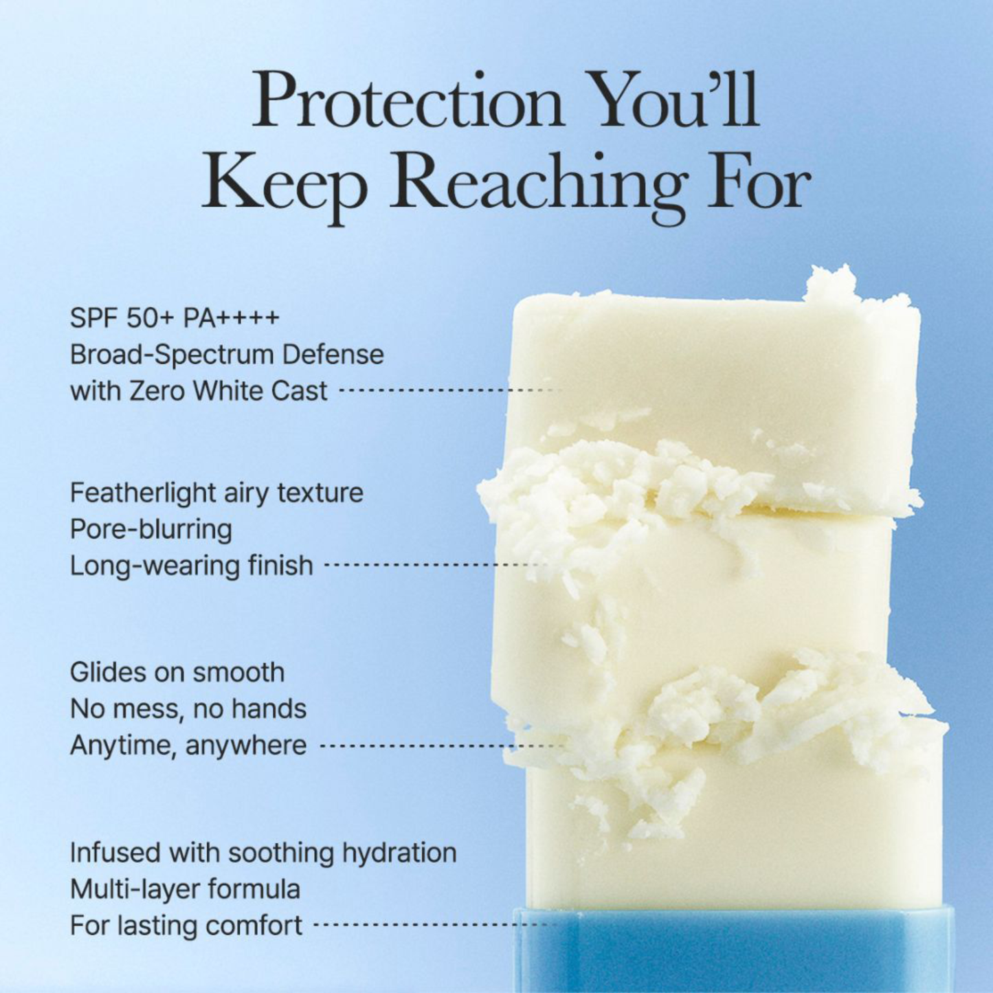 Arencia Cloud Sun Stick with text detailing its features on a blue background