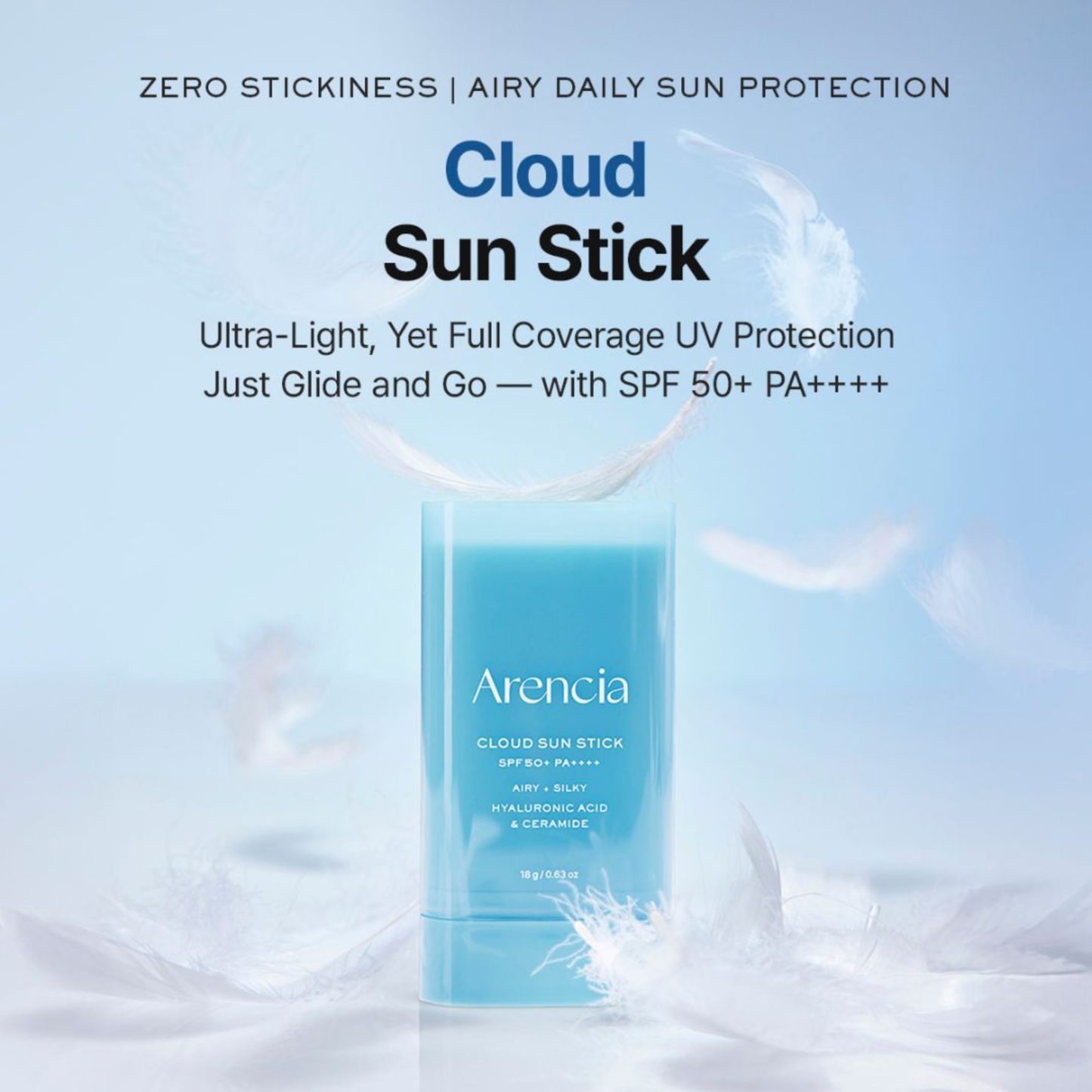 Arencia Cloud Sun Stick with text about zero stickiness and airy daily sun protection on a light blue background.