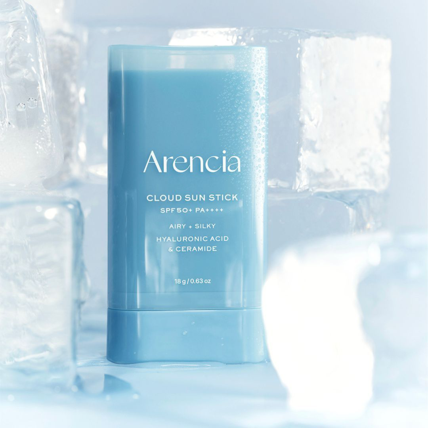 Arencia Cloud Sun Stick  on a light blue background with ice