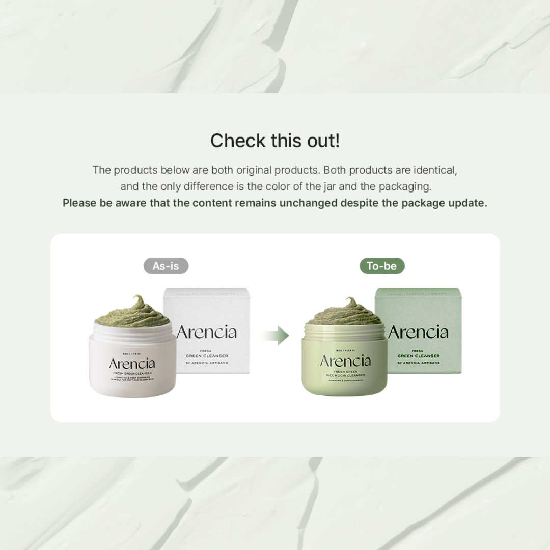Comparison of Arencia Green Cleanser packaging with 'As-is' and 'To-be' labels on a white background.