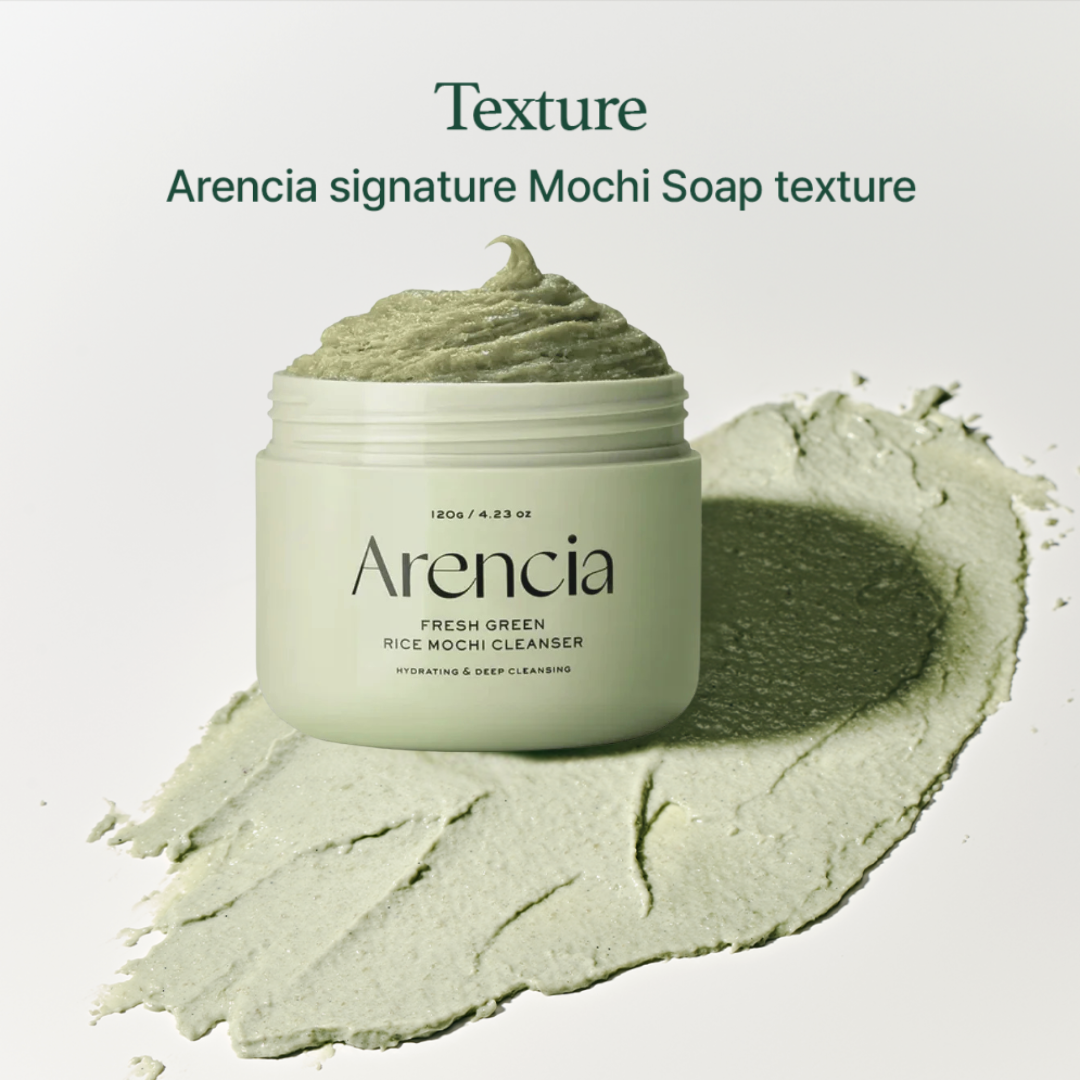 Arencia signature Mochi Soap texture with a jar of Arencia Fresh Green Rice Mochi Cleanser on a light background