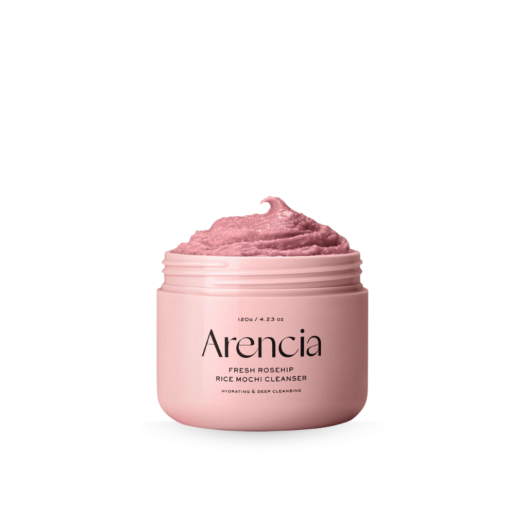 Pink jar of Arencia Fresh Rosehip Rice Mochi Cleanser on a white background