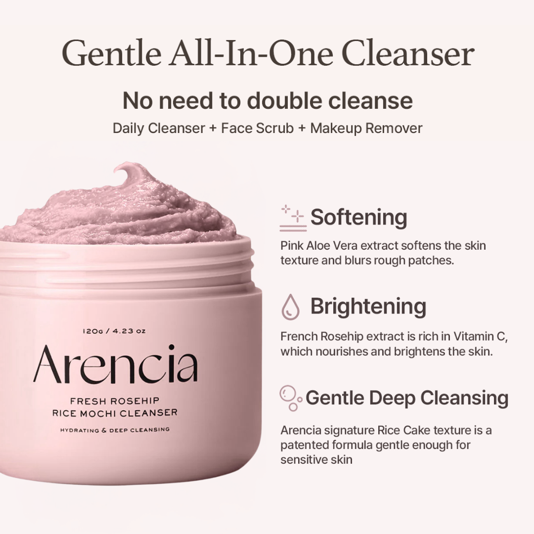 Arencia Fresh Rosehip Rice Mochi Cleanser with product details on a white background