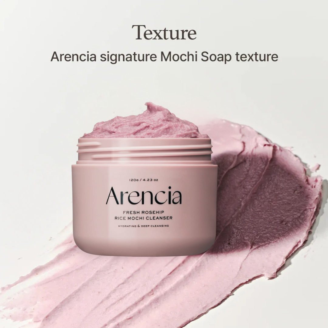 Arencia Fresh Rosehip Rice Mochi Cleanser with pink texture on a white background