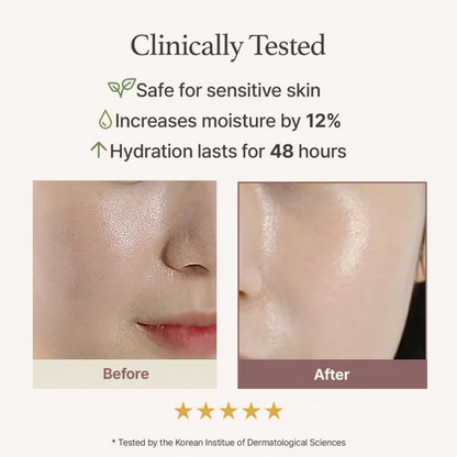Before and after skin hydration comparison with clinical testing details. Arencia Fresh Rosehip Rice Mochi Cleanser