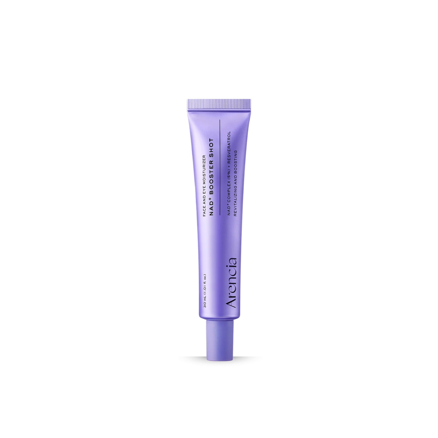 A lavender purple squeeze tube of ARENCIA NAD+ Booster Shot, centered on a clean white background.