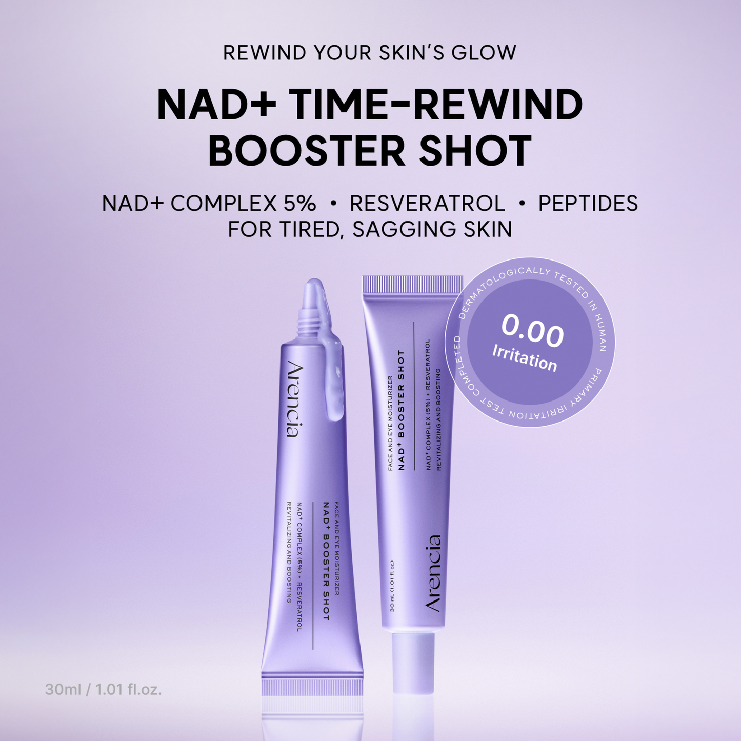 ARENCIA NAD+ Booster Shot with Arencia branding on a light purple background with text on it being a "time-reverse" shot for tired, sagging skin