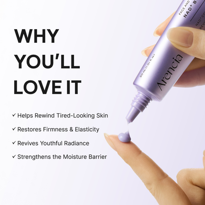 ARENCIA NAD+ Booster Shot with text 'Why You'll Love It' and benefits listed, held by a hand against a white background.