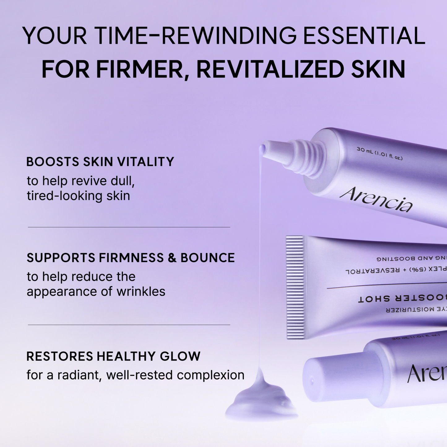 ARENCIA NAD+ Booster Shot tubes with text highlighting the benefits of the product on a purple background