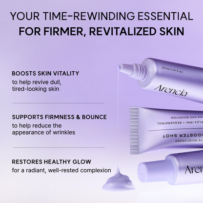 ARENCIA NAD+ Booster Shot tubes with text highlighting the benefits of the product on a purple background