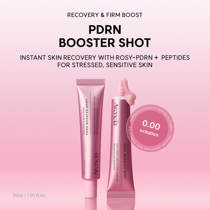 Two tubes of the ARENCIA PDRN Booster Shot with text on instant skin recovery with Rosy-PDRN + Peptides for stressed, sensitive skin.