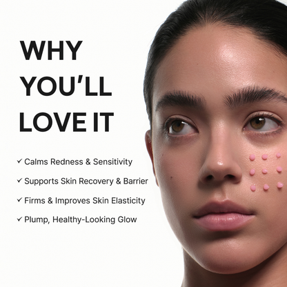 Woman's face with dots of the ARENCIA PDRN Booster Shot with text highlighting product benefits on a white background.