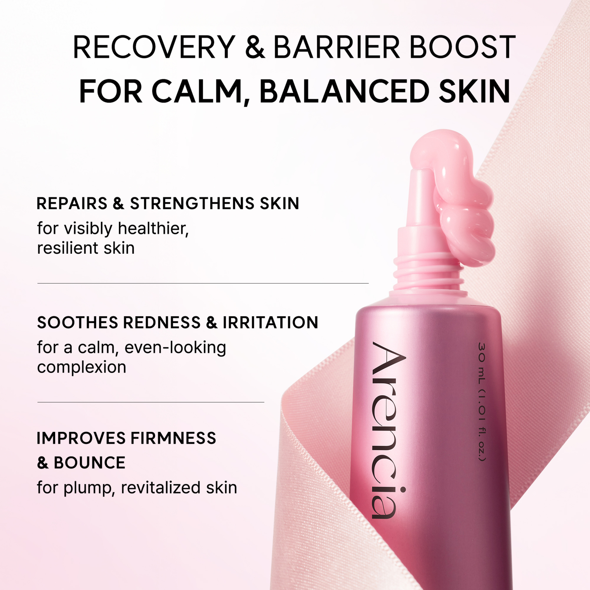 Close up of the ARENCIA PDRN Booster Shot with text on Recovery and barrier boost for calm, balanced skin.