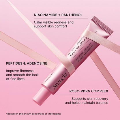 ARENCIA PDRN Booster Shot hung in suspension by pink ribbons on a pink background with hero ingredients and their benefits highlighted.