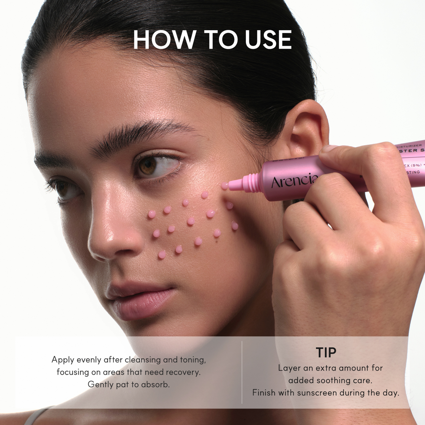 Woman applying the ARENCIA PDRN Booster Shot to her face with text on how to use it.