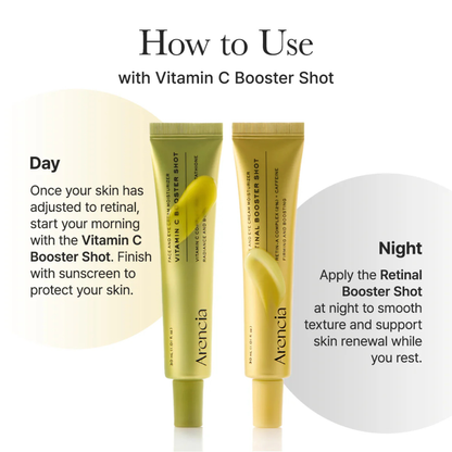 The Arencia Vitamin C Booster Shot & Arencia Retinal Booster Shot with usage instructions on how to use the products together on a white background
