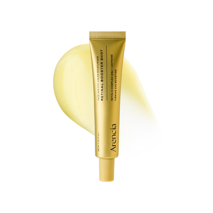 Gold tube of Arencia Retinal Booster Shot on a white background