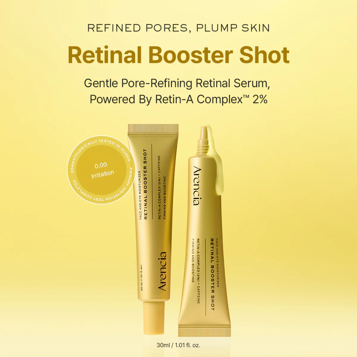 Arencia Retinal Booster Shot skincare product with branding on a yellow background