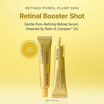 Arencia Retinal Booster Shot skincare product with branding on a yellow background