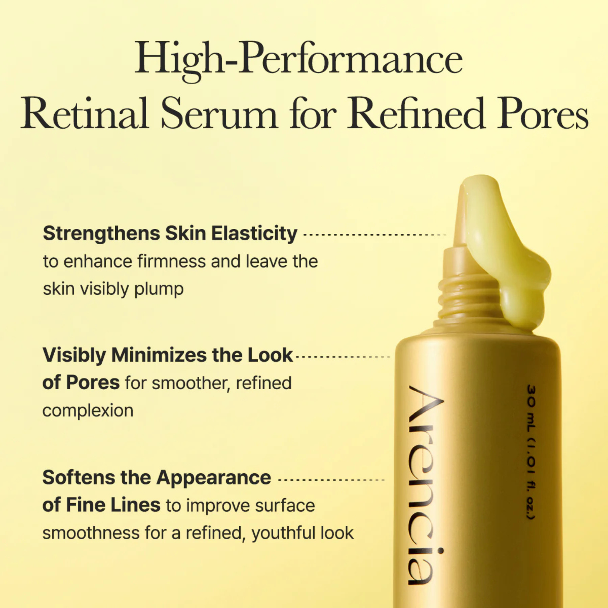 Arencia high-performance retinal serum bottle with text highlighting the product benefits on a yellow background