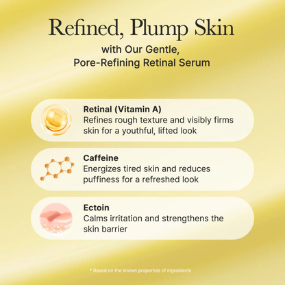Ingredients featured in the Arencia Retinal Booster Shot listed on a yellow background along with ingredient benefits