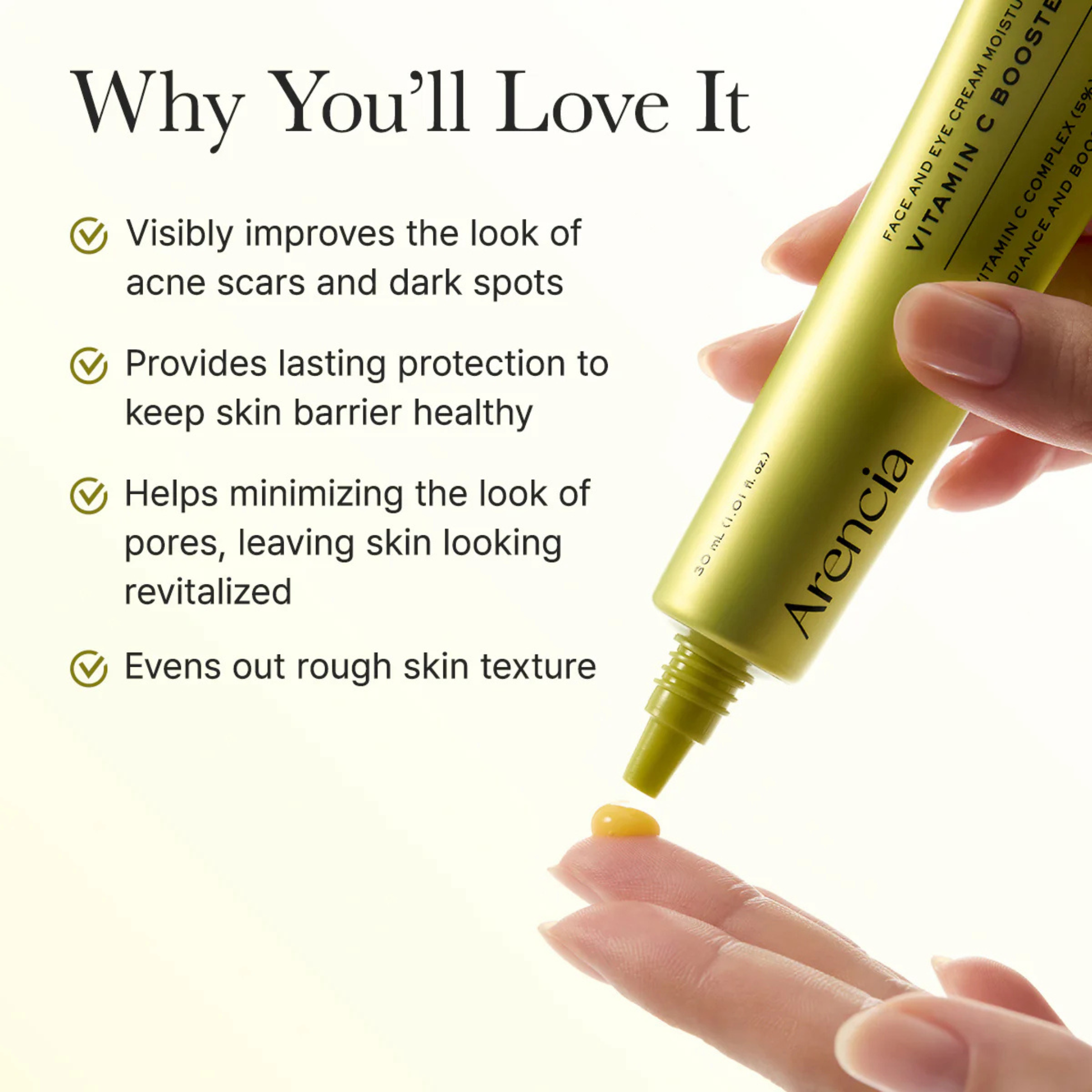 Arencia Vitamin C Booster Shot with text highlighting its benefits on a light yellow background with a woman dispensing a drop of product onto her finger. 