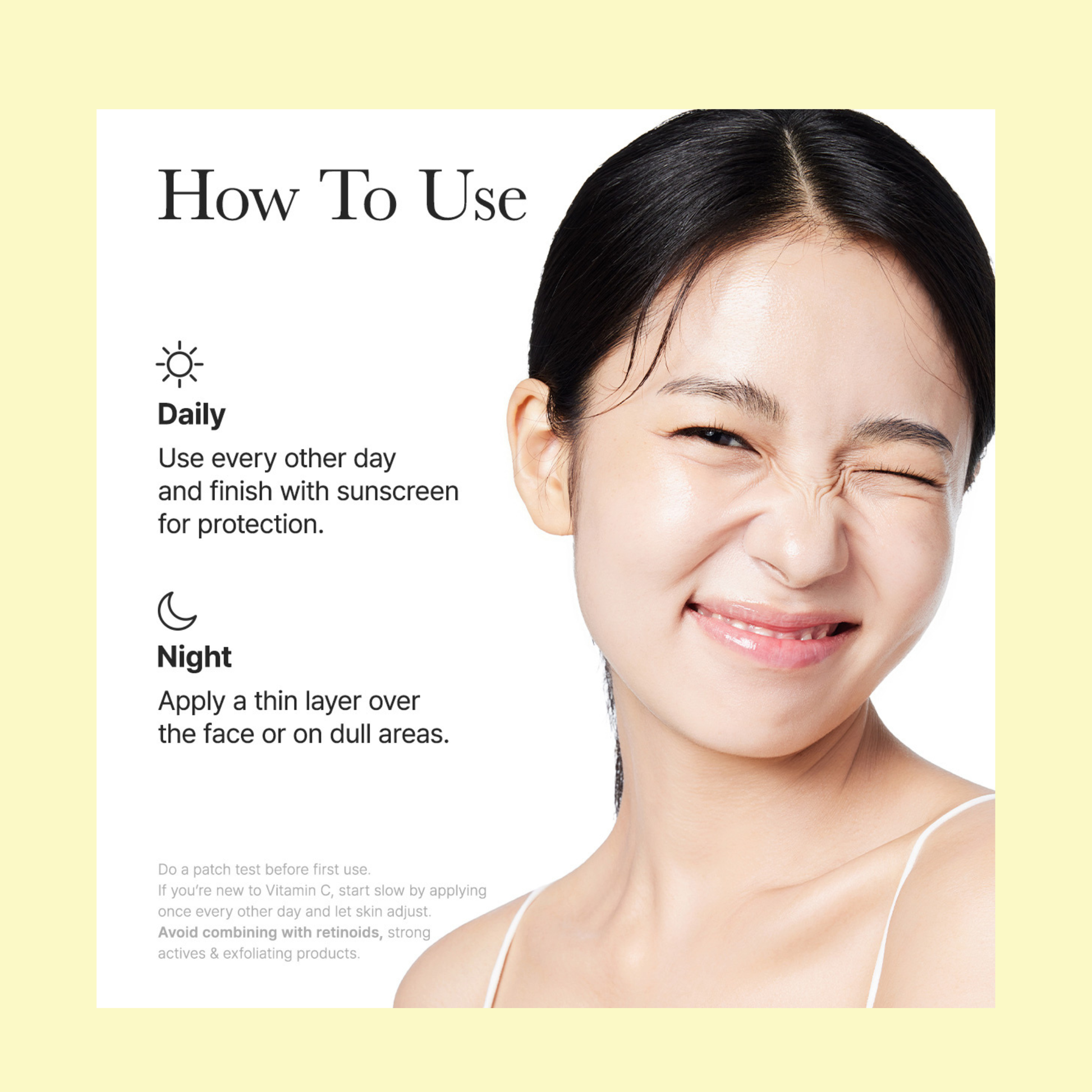 Woman with a smiley face and usage instructions for Arencia Vitamin C Booster Shot on a light yellow background