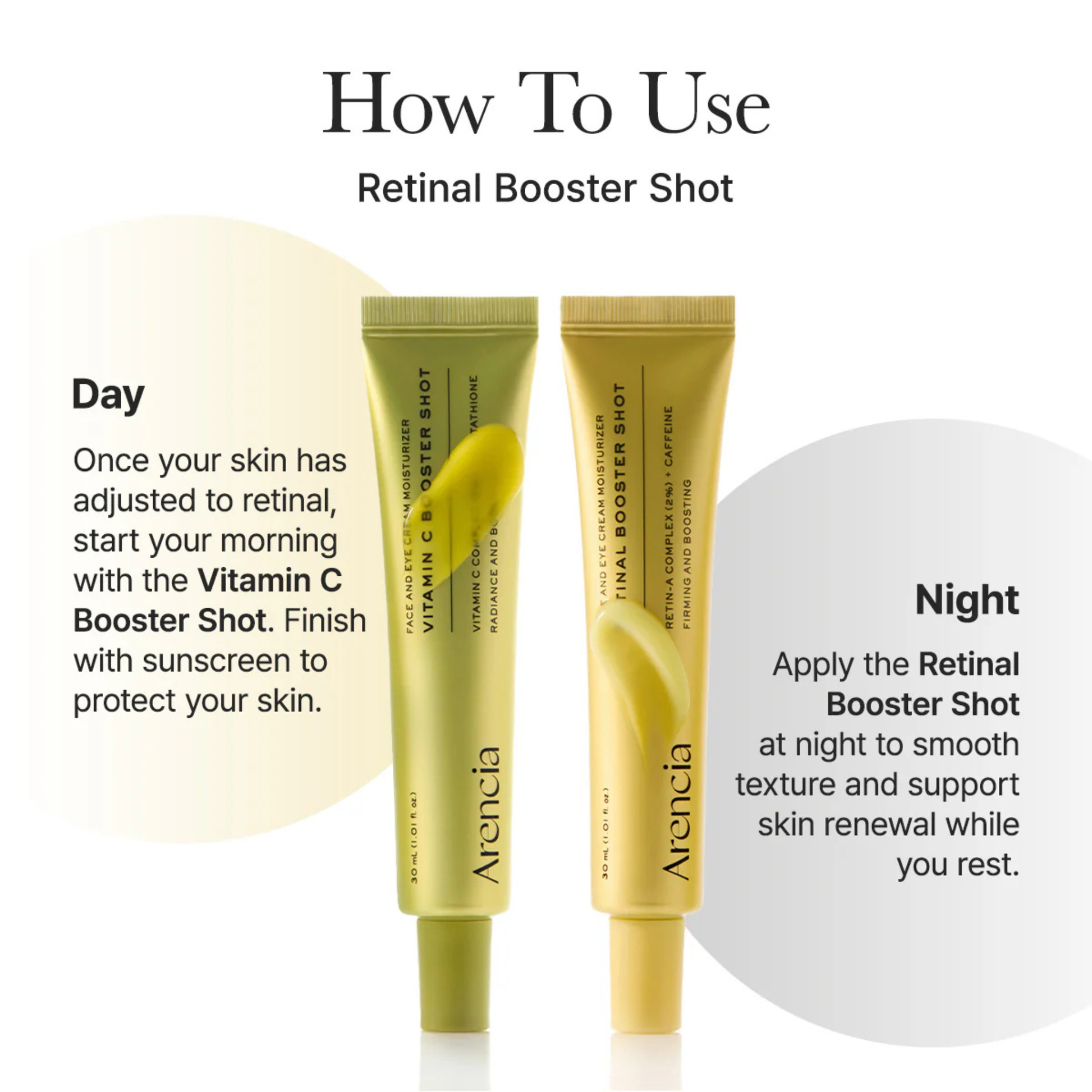 Arencia Vitamin C Booster Shot and Retinal Booster Shot with usage instructions on a white background