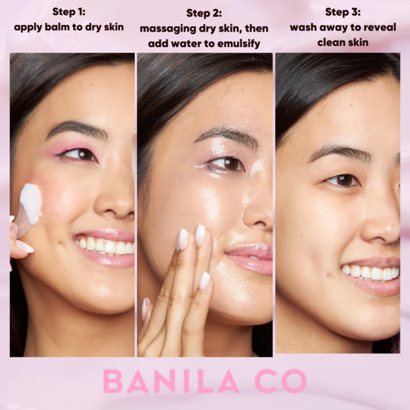 Instructions on how to use the Banila Co Clean It Zero Cleansing Balm with a woman demonstrating the cleansing process