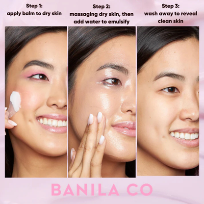 Instructions on how to use the Banila Co Clean It Zero Cleansing Balm with a woman demonstrating the cleansing process