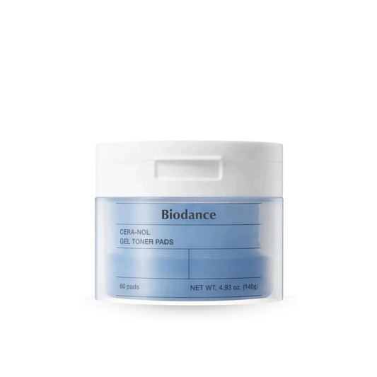 Biodance Cera-Nol Gel Toner Pads in a clear jar with a white lid, showing light blue gel pads inside, on a white background.