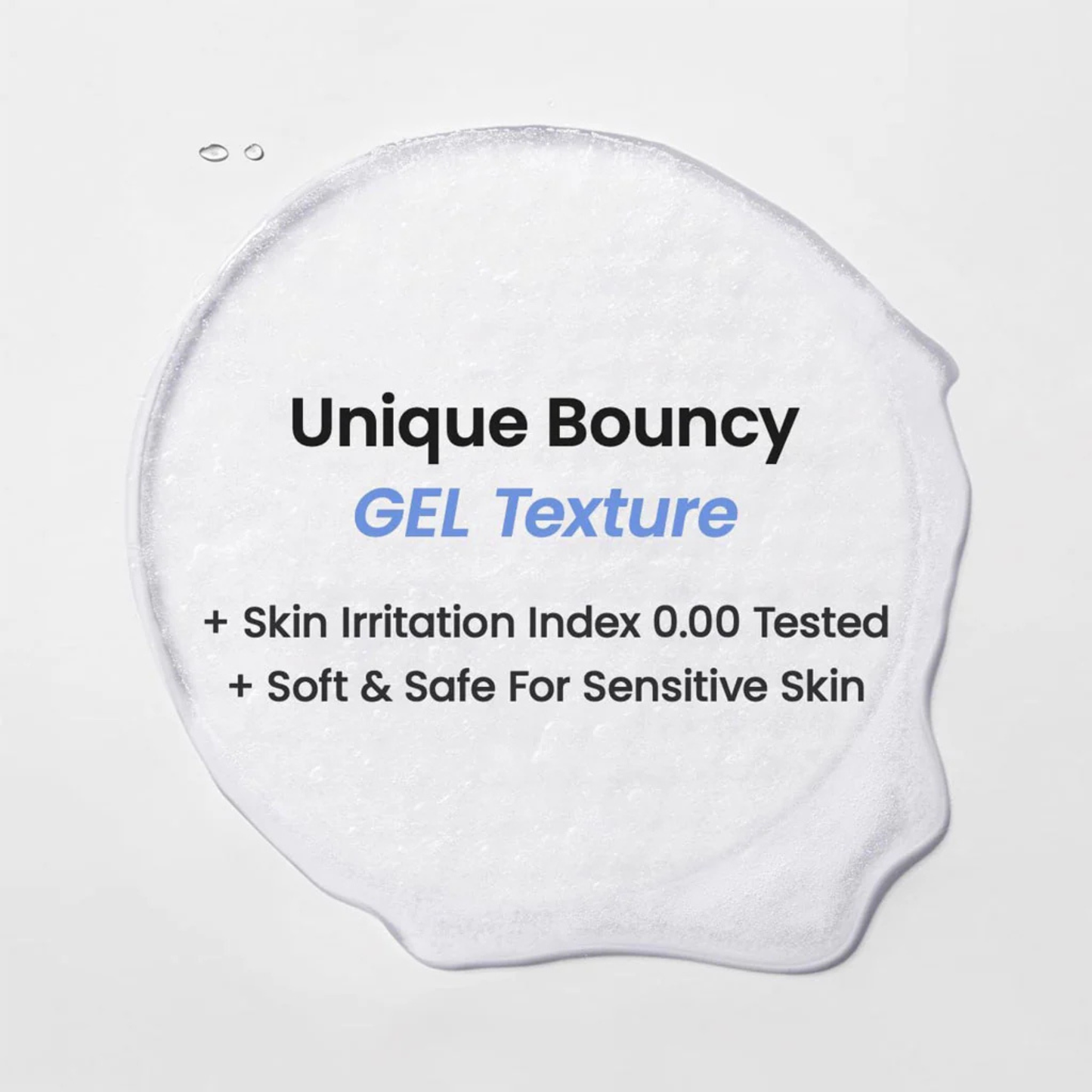 Gel pad with text about unique bouncy gel texture, skin irritation index, and safety for sensitive skin on a white background.