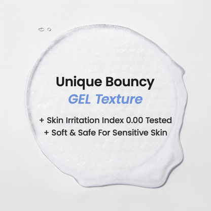 Gel pad with text about unique bouncy gel texture, skin irritation index, and safety for sensitive skin on a white background.