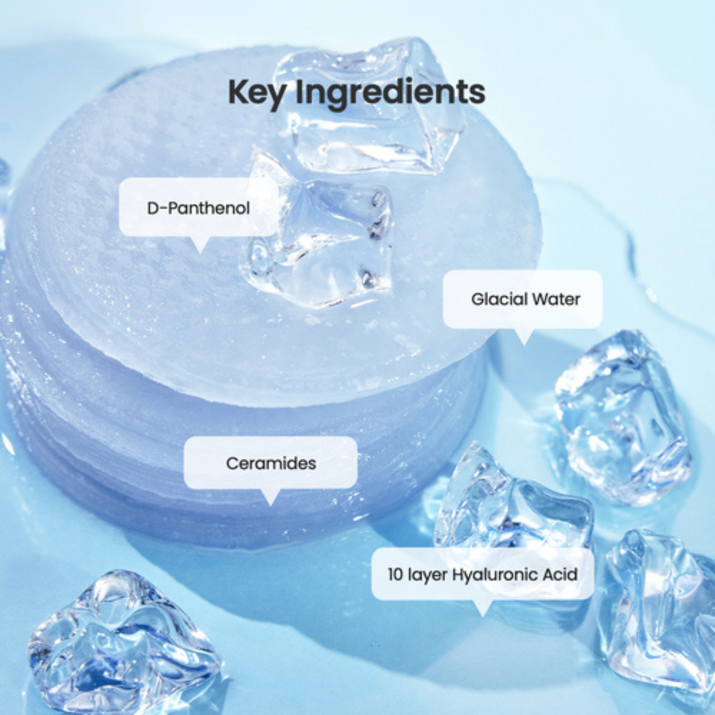 Close up of Biodance Cera-Nol Gel Toner Pads with labeled key ingredients on a blue background