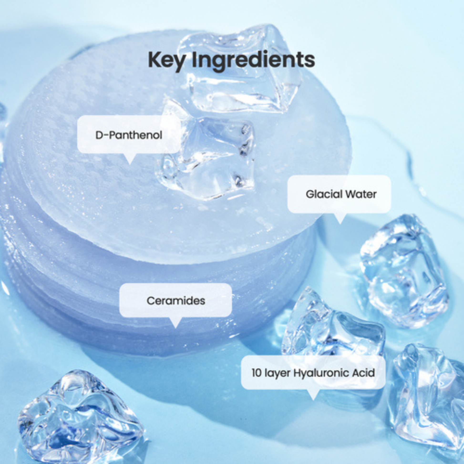 Close up of Biodance Cera-Nol Gel Toner Pads with labeled key ingredients on a blue background
