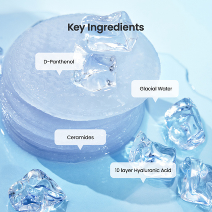 Close up of Biodance Cera-Nol Gel Toner Pads with labeled key ingredients on a blue background