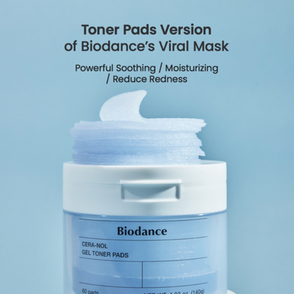 Biodance Cera-Nol Gel Toner Pads shown with a white lid and a pale blue jar, with a stack of the toner pads visible above the container on a light blue background. Text at the top reads 'Toner Pads Version of Biodance's Viral Mask' and lists benefits.
